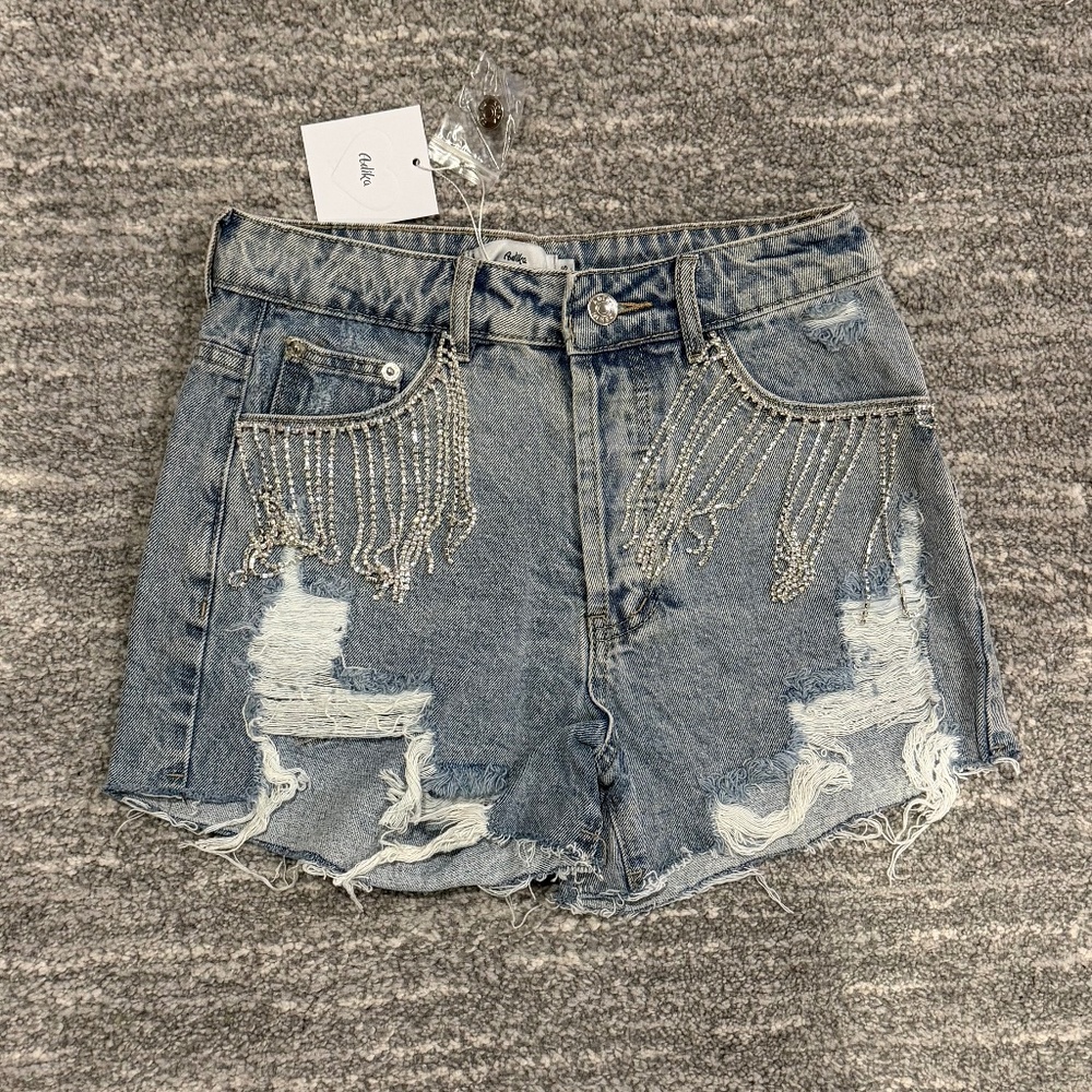 NWT Adika Shorts Rhinestone Fringe Denim Size Small
